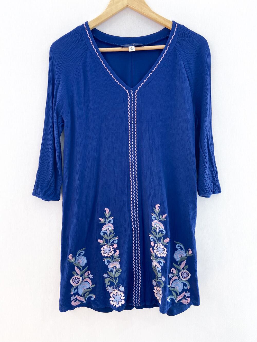 Women's Bohemian Embroidered Shift Dress Blue V Neck Floral Medium
